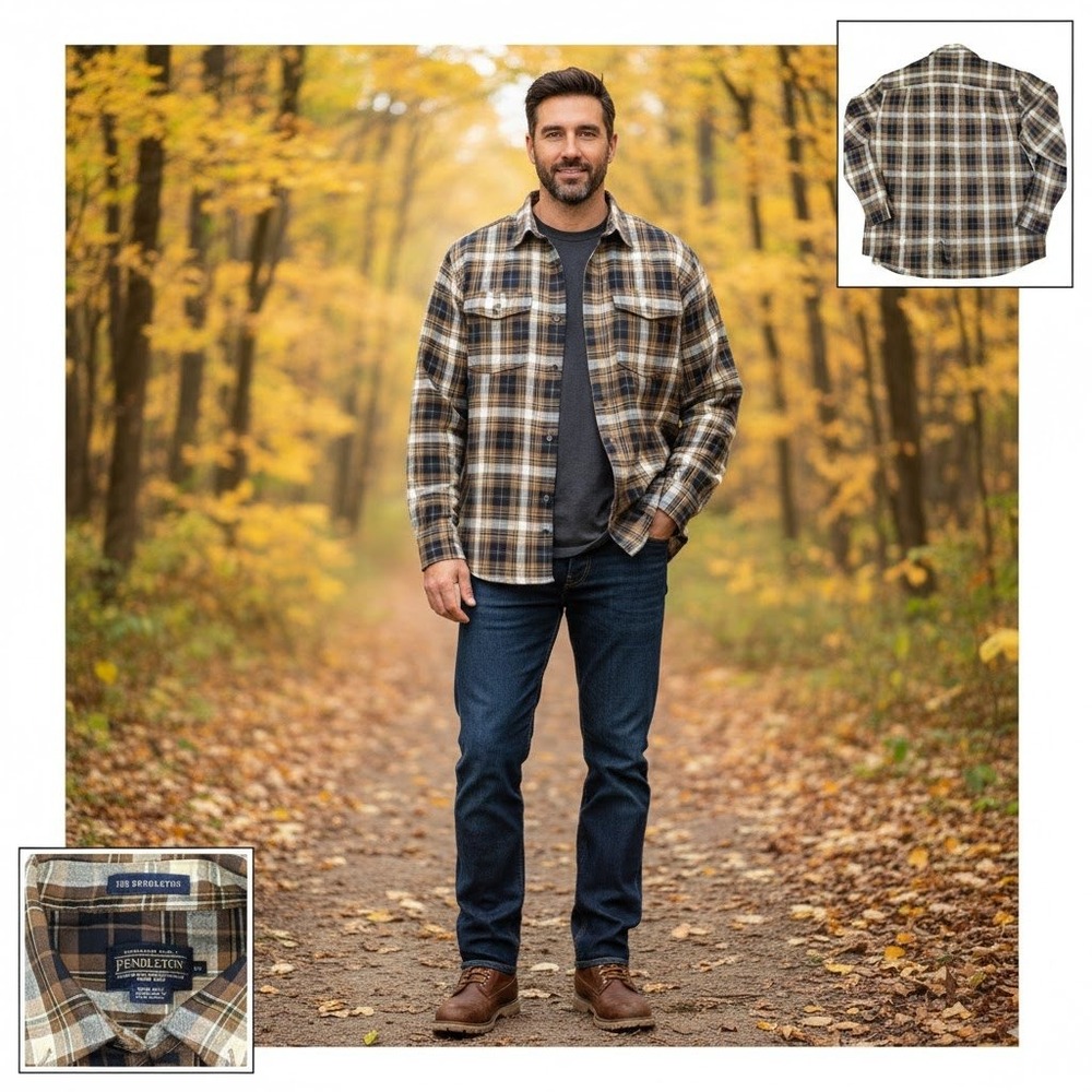 Sir Pendleton‎ Wool Flannel Button Down Shirt Mens XL Brown Plaid Long Sleeve